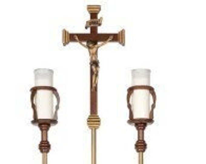 Processional Crucifix with two rods and candle holders, three models available, of Italian artisan production