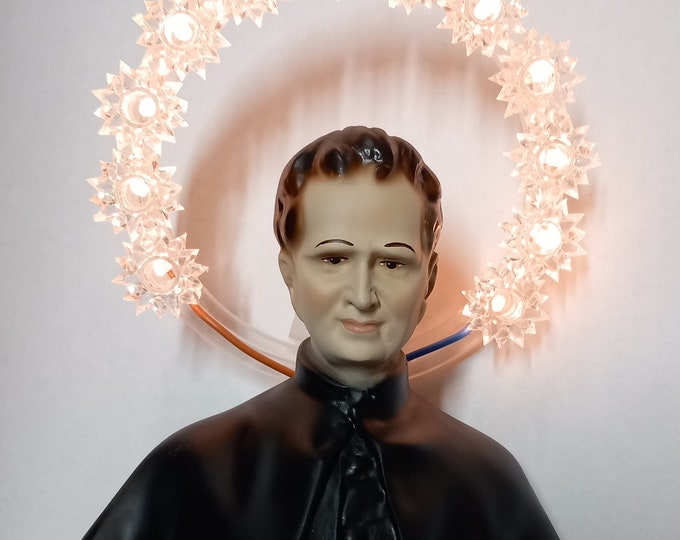 Statue of Saint John Bosco cm 40 (15,74 inches) in hand-decorated resin marble with luminous halo, of Italian artisanal production