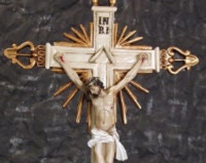 Cross crucifix with base, cm 75 x 33 (29,52 x 12,99 inches) in hand-decorated marble powder of artisan production