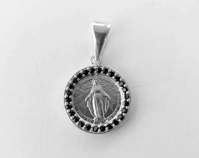Medal of the Miraculous Madonna in silver and zircons diameter 16 mm (0.62 inches) of Italian artisan production