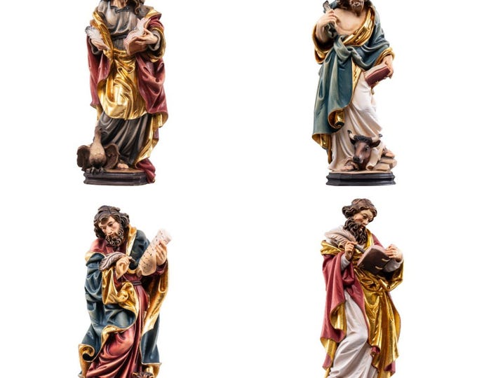 Set of 4 Statues of the Holy Evangelists carved in Valgardena wood and hand decorated, Italian artisan production, various sizes