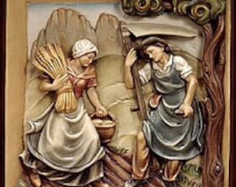Bas-relief sculpture "Summer", carved in Valgardena wood, hand-decorated, Italian artisan production