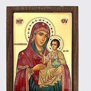 Greek icon of the Madonna with baby Jesus, in silkscreened wood, various sizes available, handcrafted