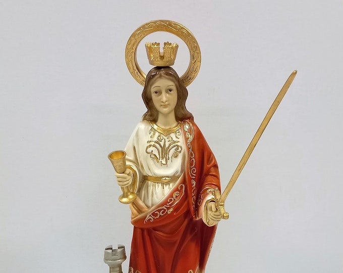 Statue of Saint Barbara cm 38 x 15,5 (14,96 x 6,10 inches) in marble resin full decorated by hand of artisan production