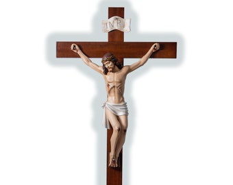 Crucifix cross to hang, cm 100 (39,37 inches) in wood with hand-decorated resin marble body of Italian artisan production