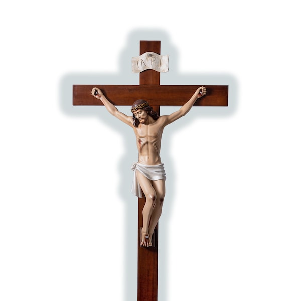 Croix crucifix à suspendre, cm 100 (39,37 pouces) en bois avec corps en marbre résine décoré à la main de production artisanale italienne