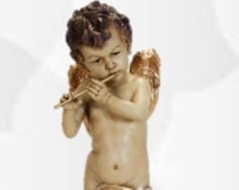 Angel statue with flute cm 50 x 13 (19,68 x 5,11 inches) in hand-decorated resin, handcrafted for indoor and outdoor use