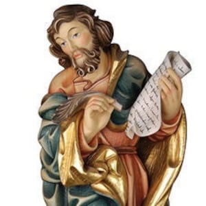 Statue of St. Mark the Evangelist carved in Val Gardena wood and hand decorated of Italian artisanal production