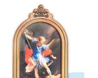 Holy water stoup in aged golden MDF wood, 38 cm (14.96 inches) various subjects available, made in Italy