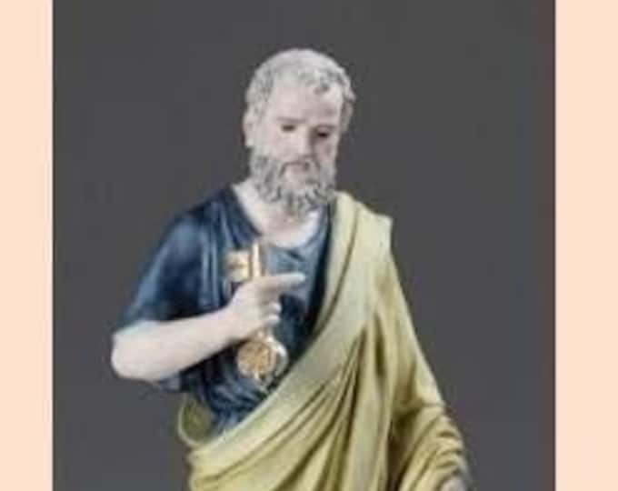 Statue of Saint Peter, cm 29 (11.41 inches) in alabaster powder, wooden base, hand decorated, made in Italy