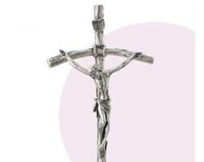 Brushed metal pastoral crucifix, free-standing, 30 cm (11.81 inches), handcrafted in Italy