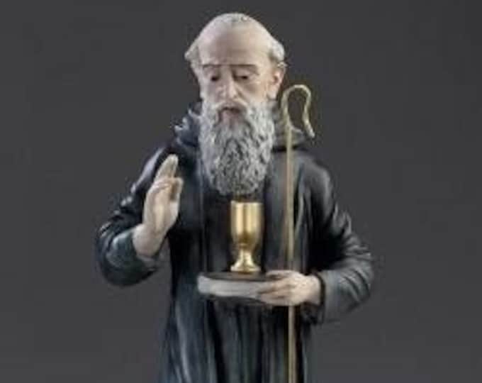 Statue of Saint Benedict of Norcia, cm 43 (16.92 inches) in alabaster powder, wooden base, hand decorated, made in Italy