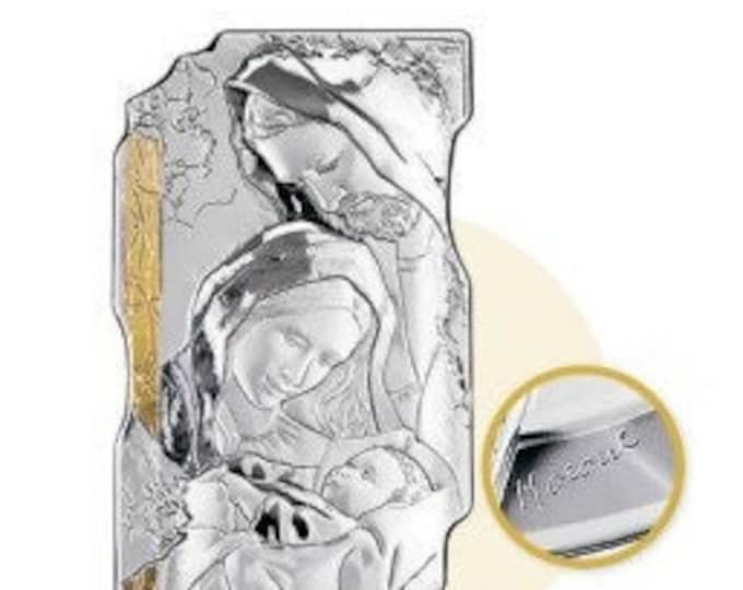 Wooden picture with silver plaque of the Holy Family with gold inserts, various sizes available, of Italian artisan production