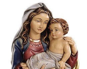 Sculpture of the Madonna and Child to hang carved in valgardena wood decorated by hand of Italian artisan production