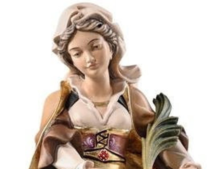 Statua di Santa Susanna con libro e spada, scolpita in legno della Valgardena e decorata a mano di produzione artigianale italiana