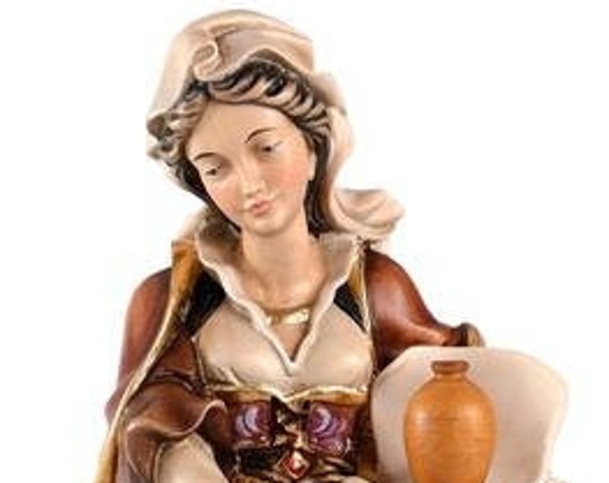 Statue of St. Magdalene with cloth and vase, carved in Valgardena wood and hand-decorated with Italian craftsmanship