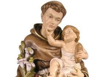 Statue of Saint Anthony of Padua carved in Valgardena wood and hand-decorated, of Italian artisan production