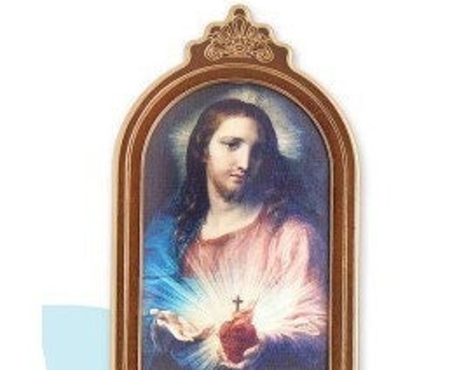Holy water stoup in walnut-stained birch wood with golden inserts, 38 cm (14.96 inches), various subjects available, Italian production