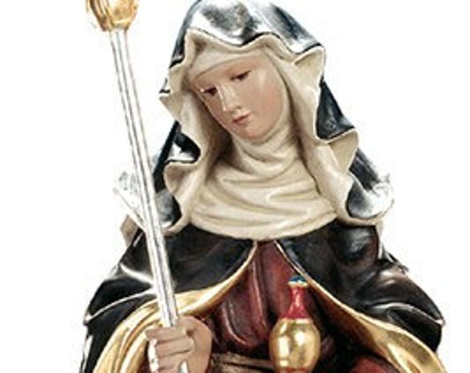 Statue of St. Walpurgis of Heidenheim carved in wood from Valgardena and hand-decorated of Italian craftsmanship