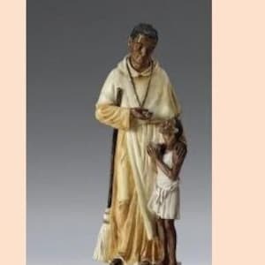 Statue de San Matino de Porres 30 cm en poudre d'albâtre, socle en bois, décorée à la main, fabriquée en Italie