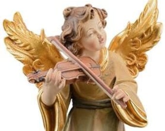 Salzburg angel with trombone, to hang carved in Valgardena wood root decorated by hand of Italian artisan production