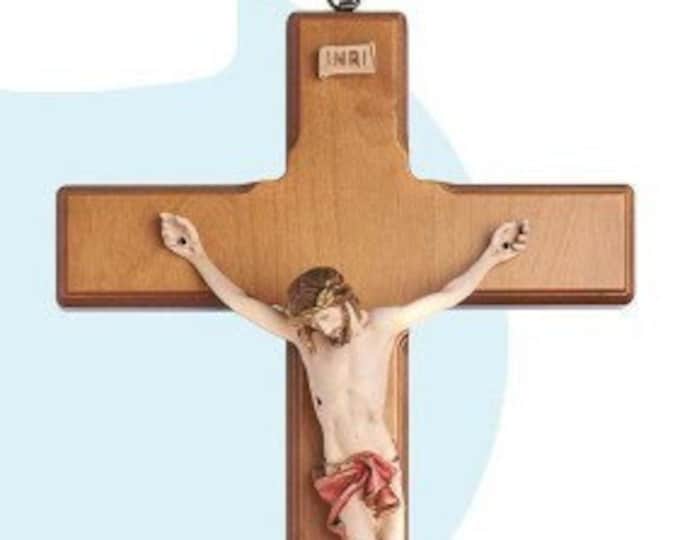 Crucifix with stoup, in birch wood, various sizes available, of Italian artisan production