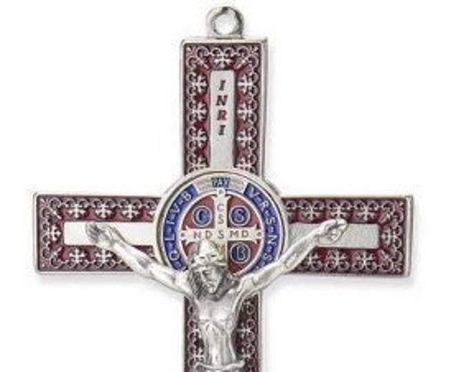 Crucifix of Saint Benedict of Nursia, in colored metal, 18.5 cm (7.28 inches), various colors available, made in Italy
