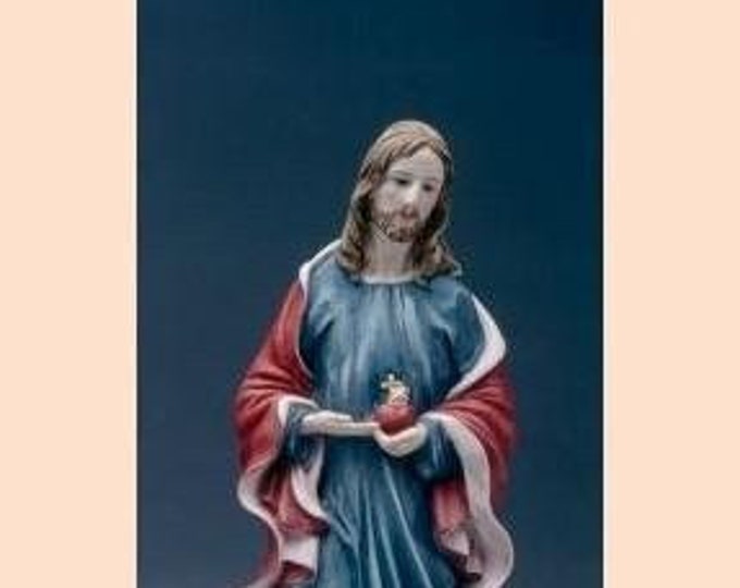 Statue of the Sacred Heart of Jesus, cm 40 (15.74 inches) in alabaster powder, wooden base, hand decorated, made in Italy