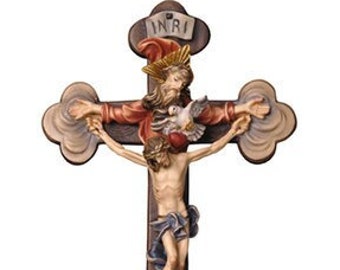 Crucifix of the Holy Trinity, carved in Valgardena wood and hand decorated, various sizes, handcrafted in Italy