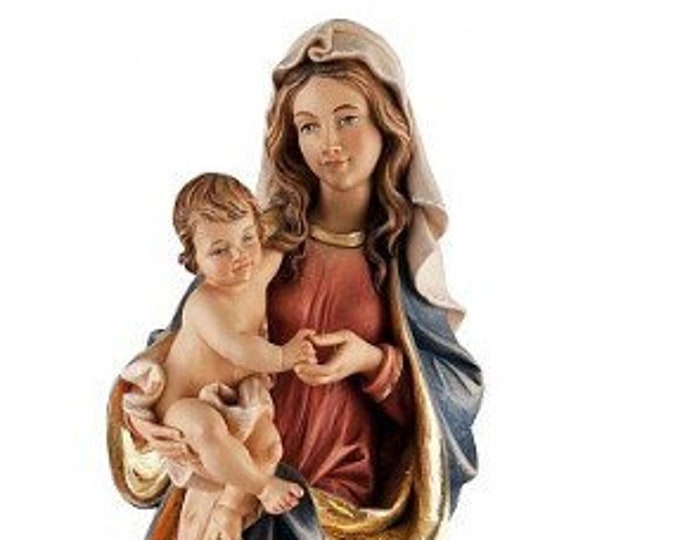 Statue of the Madonna dei Monti with child, carved in Valgardena wood, hand decorated, Italian artisan production
