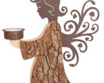 Angel sculpture with candlestick 27 cm (10.63 inches) carved in Valgardena pine wood, handcrafted in Italy