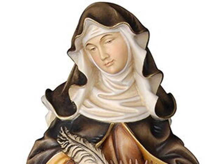 Statue of Santa Verena with feather book and comb, carved in valgardena wood decorated by hand of Italian artisan production