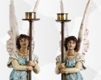 Pair of angels with candlestick 54 X 12 cm (21.25 x 4.72 inches) made of resin marble, hand decorated, handcrafted production
