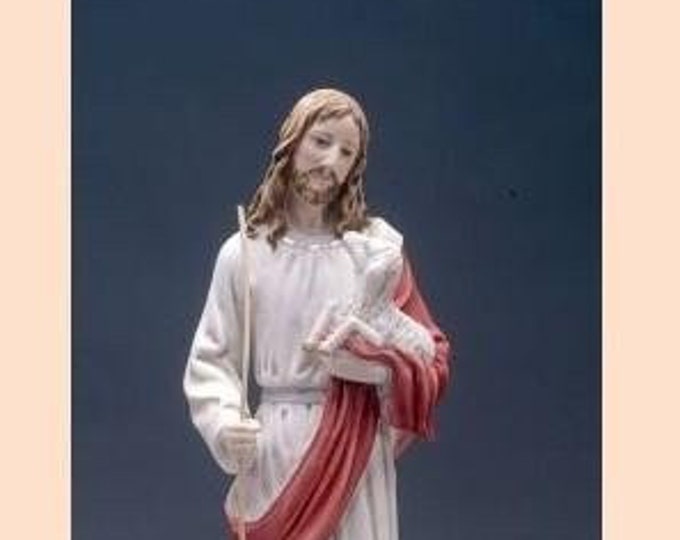 Statue of Jesus the Good Shepherd, cm 43 (16.92 inches) in alabaster powder, wooden base, hand decorated, made in Italy