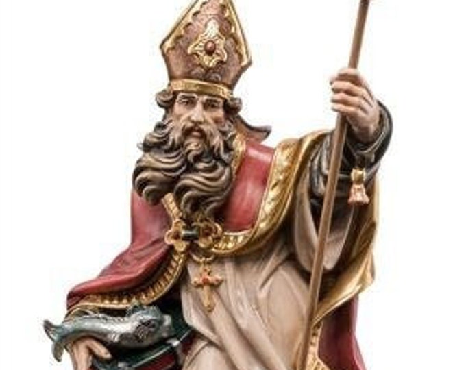 Statue of St. Ulrich with fish, carved in wood from Valgardena and hand-decorated of Italian craftsmanship