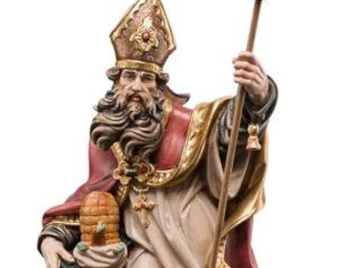 Statue of Sant' Ambrogio with beehive, carved in Valgardena wood and hand-decorated, of Italian artisan production