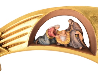 Comet star crib sculpture with Holy Family, carved in Val Gardena wood and hand decorated of Italian artisan production