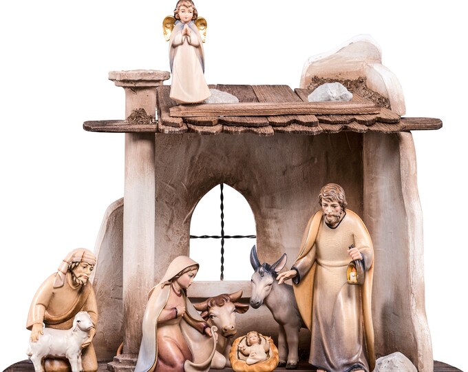 Nativity scene carved in Valgardena wood and decorated by hand, 9 pieces with hut, various sizes available, Italian artisan production