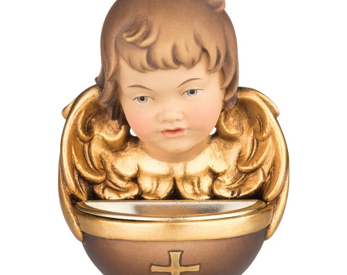 Holy water stoup with angel, carved in Valgardena wood decorated by hand with oil and gold leaf colors, of Italian production