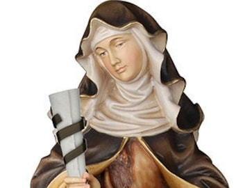 Statua di Santa Eva di Liegi scolpita in legno della Valgardena decorata a mano con colori ad olio produzione artigianale italiana
