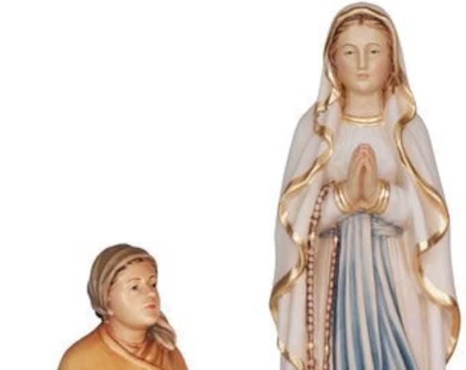 Statue of Our Lady of Lourdes with Bernadette carved in wood from Val Gardena and hand decorated of Italian artisan production