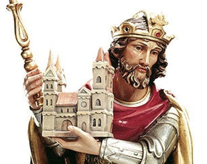 Statue of Saint Henry with scepter and dome, carved in Valgardena wood and hand decorated, Italian artisan production