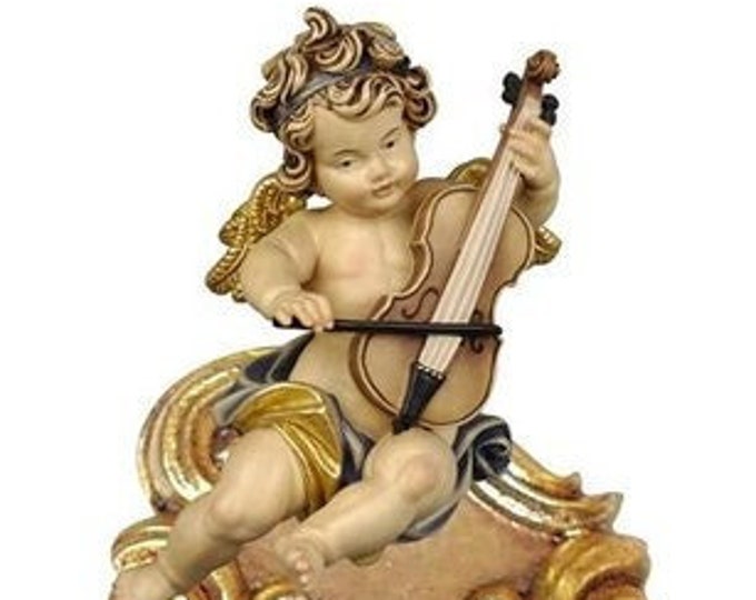 Holy water stoup with angel, carved in Valgardena wood decorated by hand with oil and gold leaf colors, of Italian production