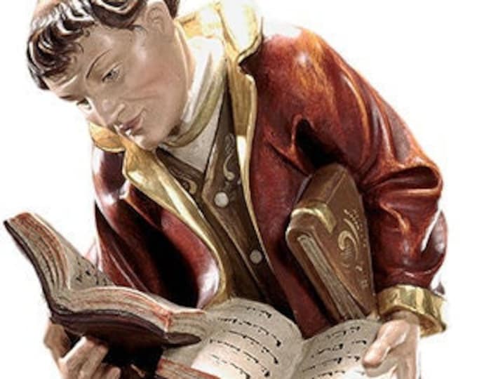 Sculpture of the Bookseller carved in wood from Valgardena and decorated by hand of Italian artisan production