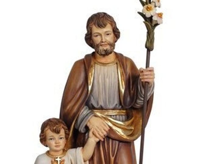 Statue of Saint Joseph with baby Jesus carved in Valgardena wood and hand decorated, Italian artisan production