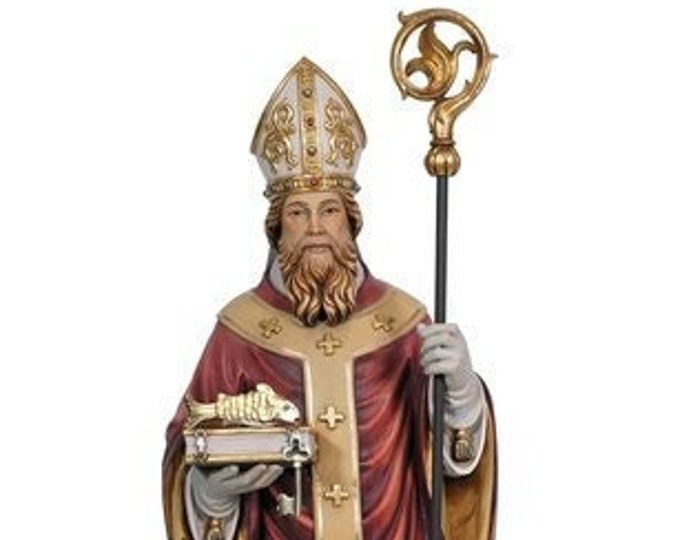 Statue of San Benno with fish and key, carved in wood from Valgardena and hand-decorated of Italian craftsmanship