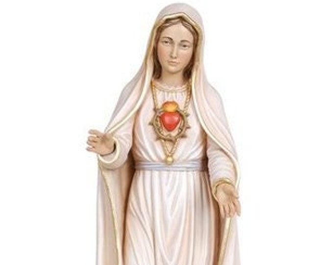 Statue of the Madonna Immaculate Heart of Mary, carved in Valgardena wood and hand decorated, Italian artisan production
