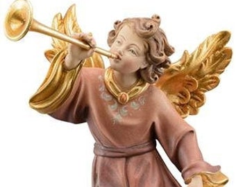 Salzburg angel with trombone, to hang carved in Valgardena wood root decorated by hand of Italian artisan production
