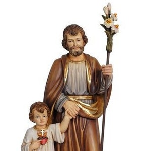 Statua di San Giuseppe con Gesù bambino scolpita in legno della Valgardena e decorata a mano di produzione artigianale italiana
