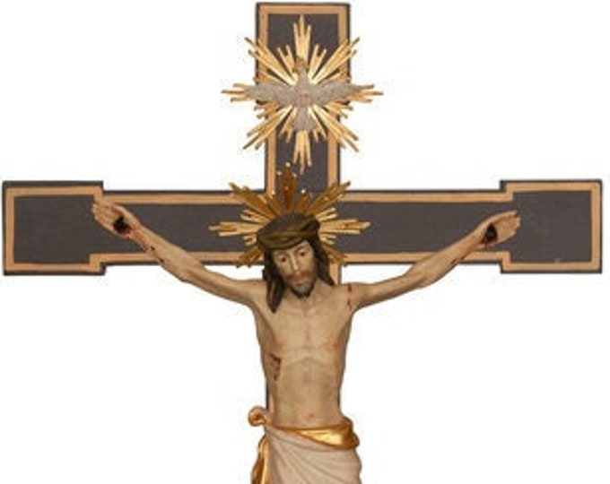 Classic crucifix with halo and Holy Spirit, carved in Valgardena wood, hand decorated, various sizes, Italian production